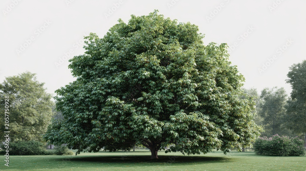 Fototapeta premium Large round-canopy deciduous tree in a park. AI generated image