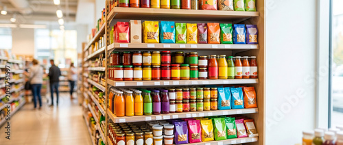 Store shelves chaos with colorful packaged goods in grocery store  