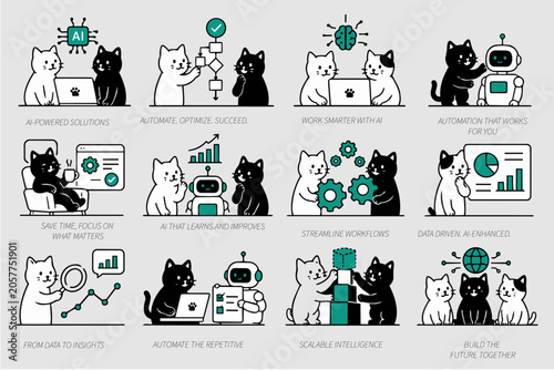 AI graphic icons with cat character, vector illustrations for business showing artificial intelligence 