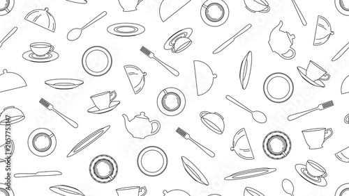 Seamless vector pattern featuring stroke-outline tableware, including cutlery, on a transparent background for food culture, restaurant branding, packaging, serving, and cuisine background design.