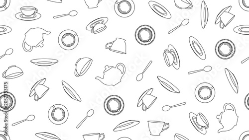 Seamless pattern featuring stroke outline teaware elements like cups, teapots, spoons, and saucers on a transparent background for tea branding, packaging, café menus, and cultural food backgrounds.