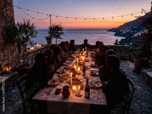 Friends dining outdoors on terrace overlooking sea at sunset.