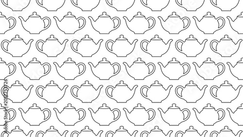 Seamless pattern of classic teapot line drawings in stroke outline style on a transparent background for tea themes, food & beverage designs, and packaging. Teakettle seamless pattern background.