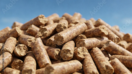 Stack of wooden pellets against blue sky