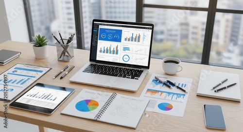 Laptop and Financial Charts on Modern Office Desk