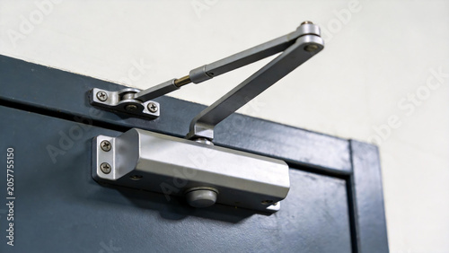 Close-up of a door closer mechanism on a metal door