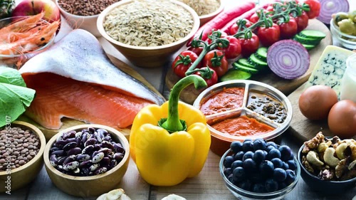 Food products representing balanced diet.