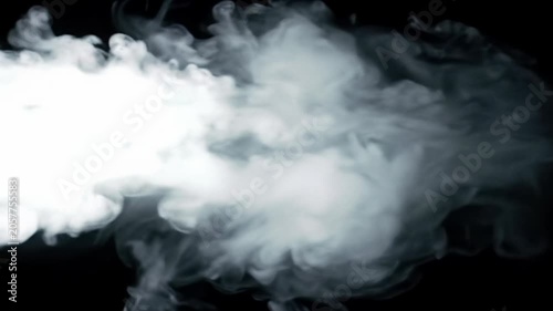 A wide, static video of luminous white, ultra-thick fog expanding slowly from the left against an abyss-deep black background, gracefully dissipating into pristine dark space. Futuristic digital