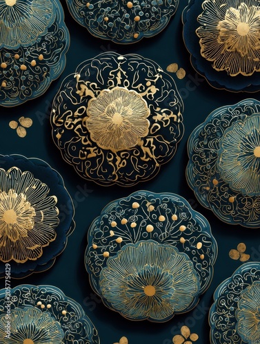 Elegant Chinese mooncakes with intricate patterns and gold foil on a dark teal background.