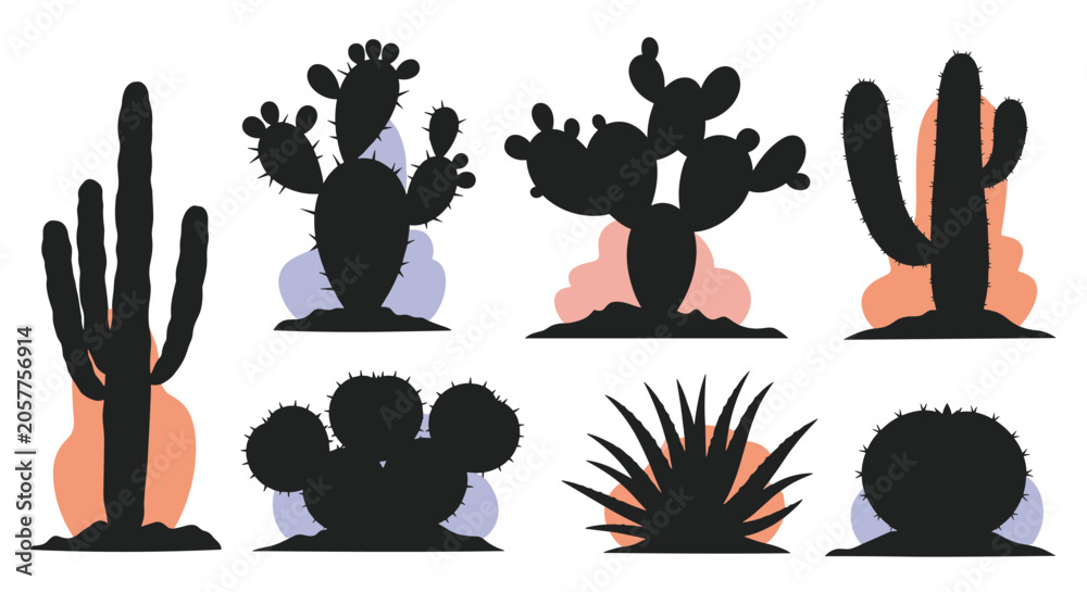 Fototapeta premium Set of eight black cactus silhouettes on colorful pastel abstract background shapes, showcasing a desert nature theme.