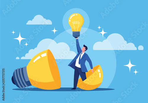 Canvastavla Ambitious businessman standing inside broken light bulb holding glowing filament concept of creative thinking innovation and finding brilliant new ideas