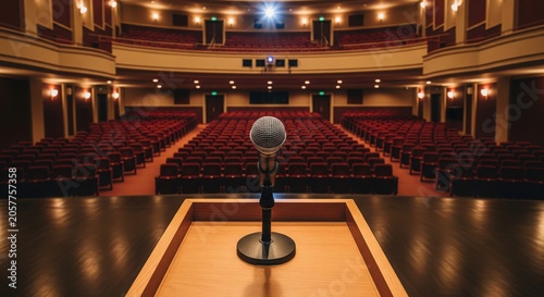 Microphone on lectern facing empty auditorium theater seats