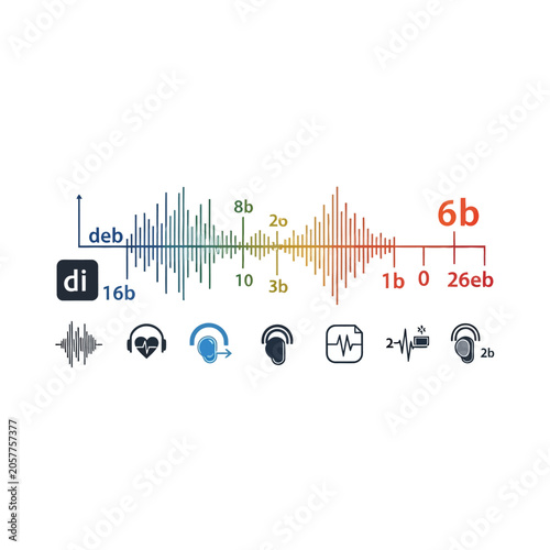 Decibel sound measurement infographic elements, audio frequency wave chart, and hearing medical health icons set, flat vector illustration isolated on white background