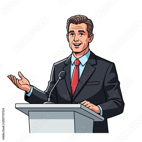 Confident business speaker at podium giving presentation.
