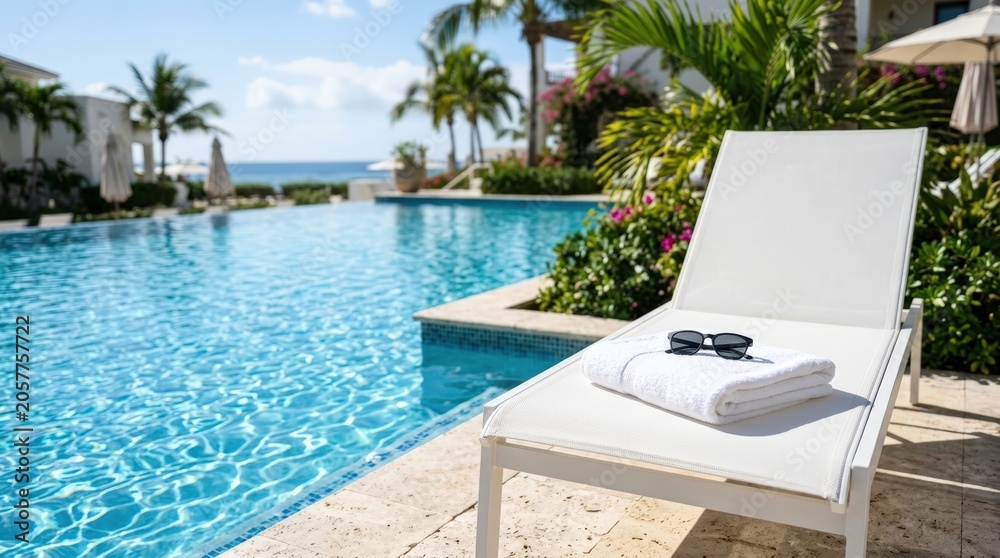 Fototapeta premium White lounge chair by luxury resort pool with towel and sunglasses