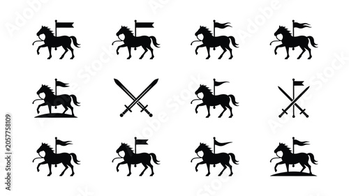 Tableau sur toile Set of minimalist knight riding horse icons with waving flags and crossed swords silhouettes
