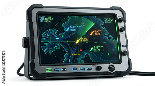 Rugged marine navigation and sonar display unit showing a detailed map with vessels and radar sweep.