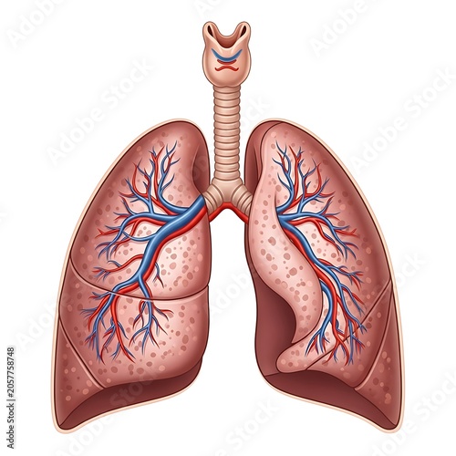 Human lungs with bronchial tubes and blood vessels illustration.