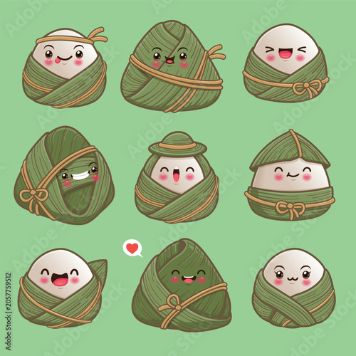 Vintage Chinese rice dumplings cartoon character set. Dragon boat festival illustration.  
