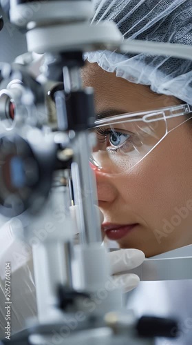 Focused female scientist in protective eyewear and head covering examines a complex piece of laboratory equipment showcasing precision research and medical innovation