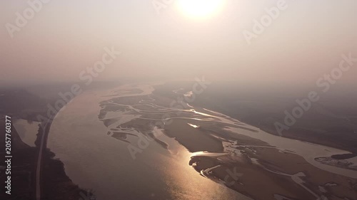 Aerial Sunset Over Braided River and Sandbars