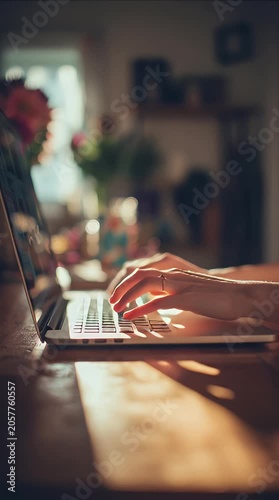 Focused hands typing on a laptop in a cozy cafe setting capturing the essence of remote work digital lifestyle and modern productivity with warm lighting
