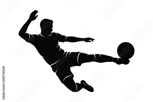 Gray silhouette of a man kicking a ball in mid-air