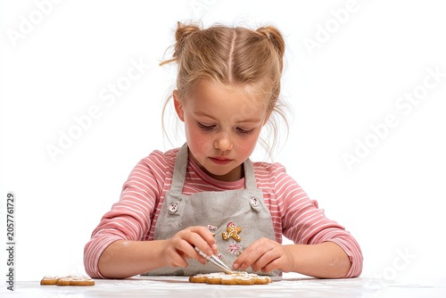 A young girl with a focused expression meticulously decorates a cookie, her small hands expertly applying frosting, capturing a moment of childhood creativity and culinary delight.
