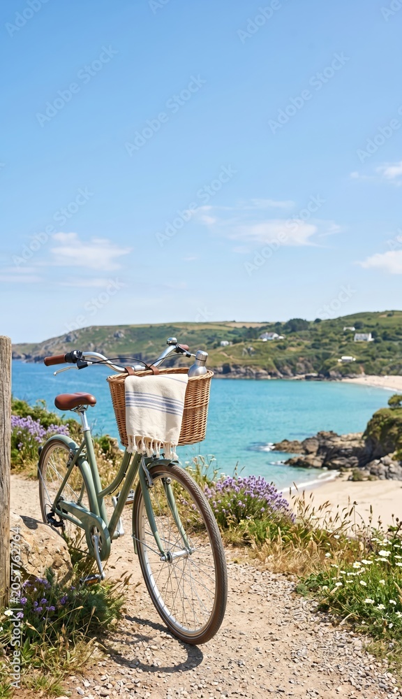 Fototapeta premium Bicycle with basket parked on coastal path overlooking scenic beach