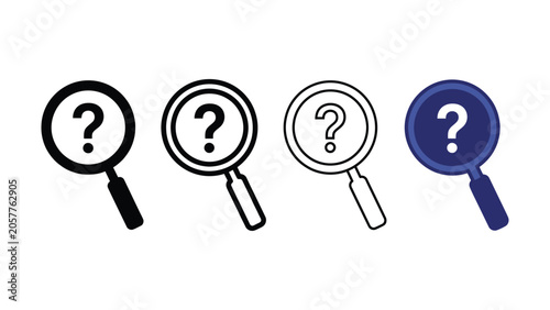 Foto Four magnifying glasses with question marks in varying styles and colors on a wh