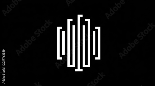 White geometric sound wave logo on black background.