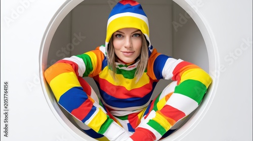 Rainbow Patterned Winter Attire: A young woman is seated within a circular frame, wearing a vibrant outfit in a striking rainbow pattern. Her matching beanie, hooded top.