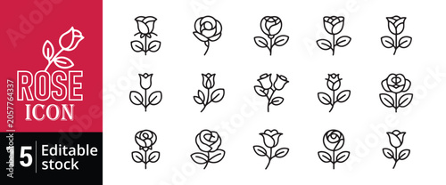 Set of fifteen editable line art rose icons showing assorted floral designs on checkered backdrop.