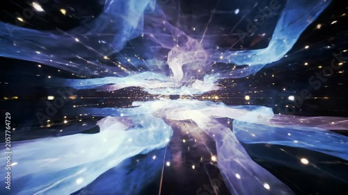 An immersive, abstract, futuristic digital network as an infinite tunnel with glowing data streams, luminescent nodes, and energetic particles in vibrant electric blues, purples, and gold, a