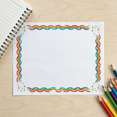 Paper sheet featuring a vibrant hand-drawn rainbow border sits on a wooden desk with colorful wooden pencils nearby.