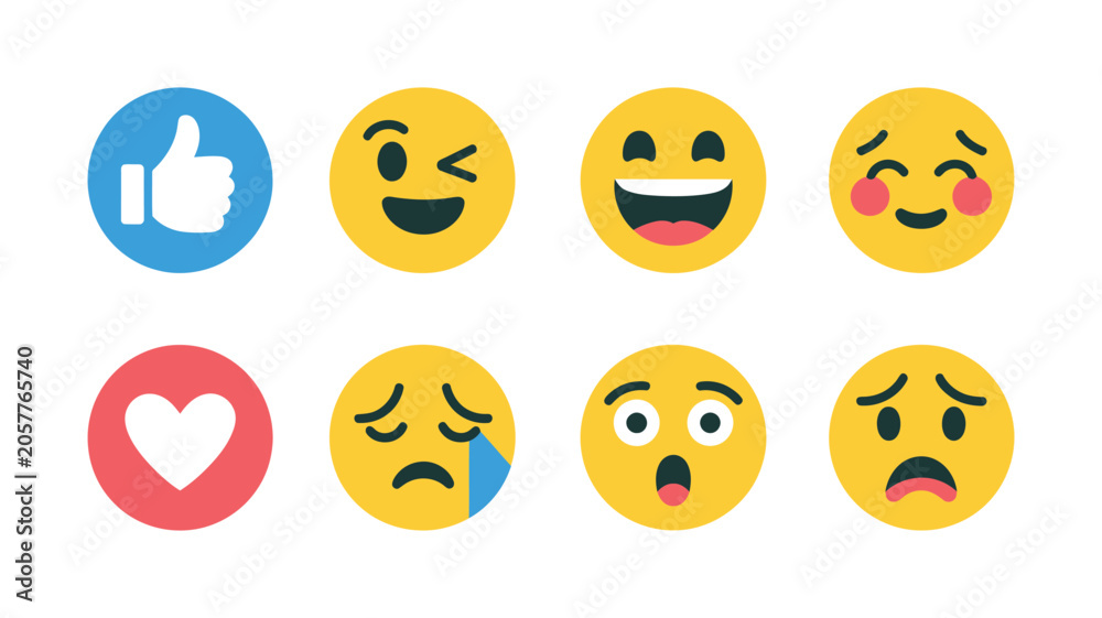 Αυτοκόλλητο set of cute smiley emoticons, emoji set with different reactions for social network, modern vector illustration, happy sad angry surprised and neutral faces, clean flat UI icon set