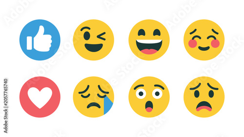 Slika na platnu set of cute smiley emoticons, emoji set with different reactions for social network, modern vector illustration, happy sad angry surprised and neutral faces, clean flat UI icon set