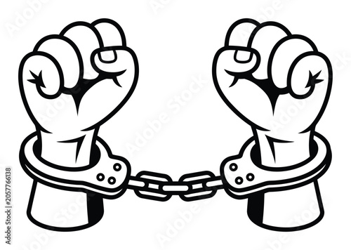Konstfotografi A black and white of two clenched fists held together by metal handcuffs, repres