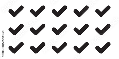Quadro su tela Set of fifteen black check marks or ticks or v signs in different styles on transparent background