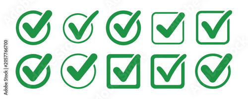 Foto Set of ten green check marks or ticks or v signs in circles and squares on transparent background