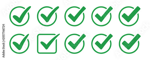 Cuadro en lienzo Set of ten green check marks or ticks or v signs in circles and square on transparent background