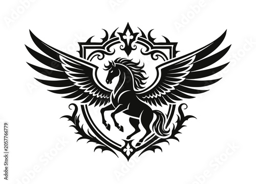 Schilderij op canvas Mythological winged horse silhouette crest emblem, a powerful and majestic symbo