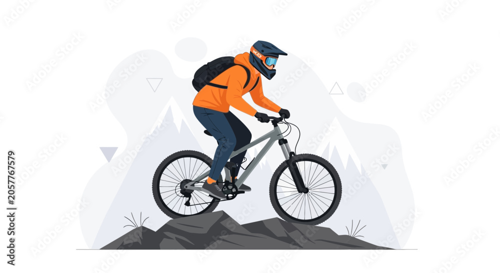 Fototapeta premium Downhill Mountain Biker in Orange Jacket Riding on Rocky Terrain with Mountains Background