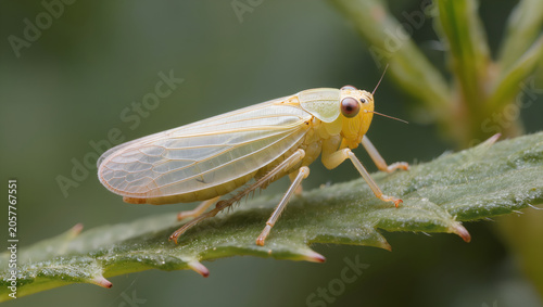 Macro shot of a yellow leafhopper on a serrated green leaf