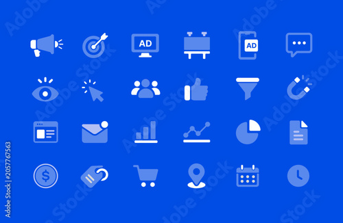 Set of vector digital marketing and business analytics icons with a flat design style on a solid blue background for website and mobile interface usage