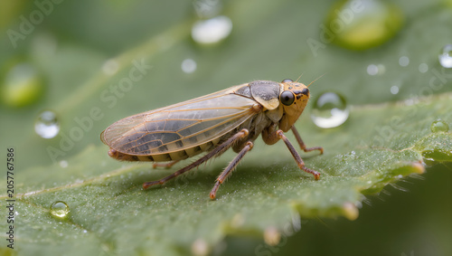 Macro Shot of a Leafhopper on a Dew-Covered Leaf