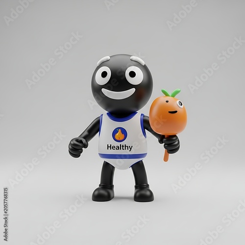 Happy cartoon character holding a carrot and exercise ball.