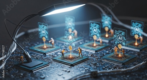 Miniature workers assembling artificial intelligence circuits on a futuristic computer motherboard