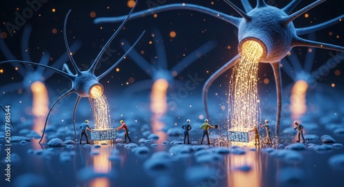 Miniature workers collecting glowing energy streams from futuristic neuron-like structures representing technological innovation