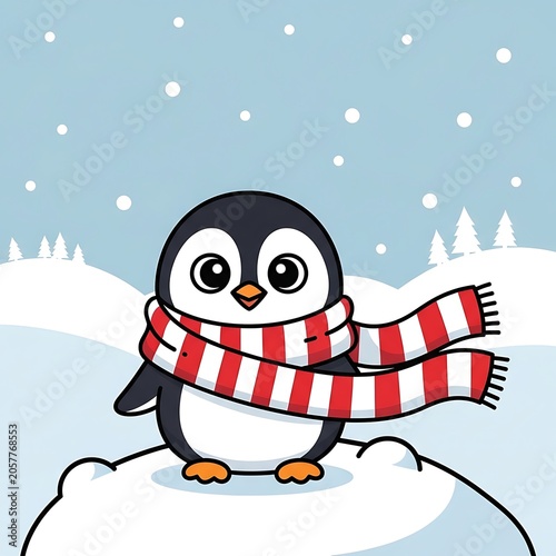 Cute cartoon penguin wearing Santa hat in winter scene.